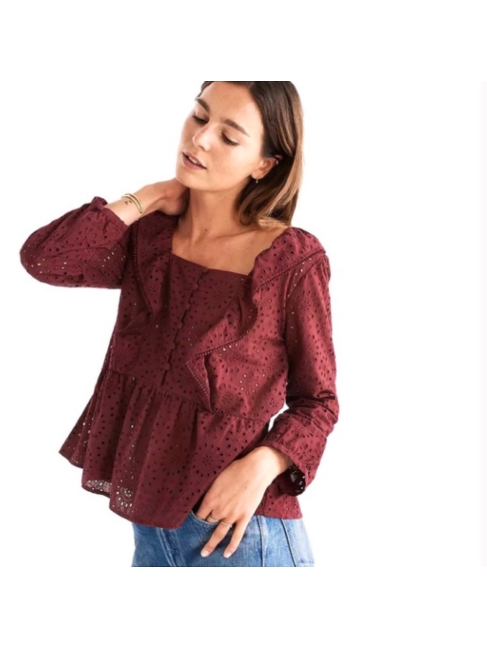 Madewell Eyelet Long Sleeve Peplum Blouse